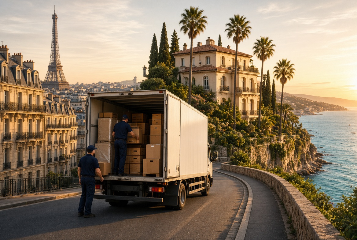 Camion de déménagement entre Paris et Cannes, villa méditerranéenne et Tour Eiffel au loin