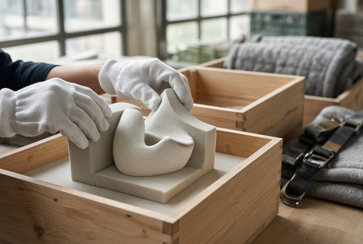 Conditionnement muséal d’une sculpture dans une caisse sur mesure TRANS BOK