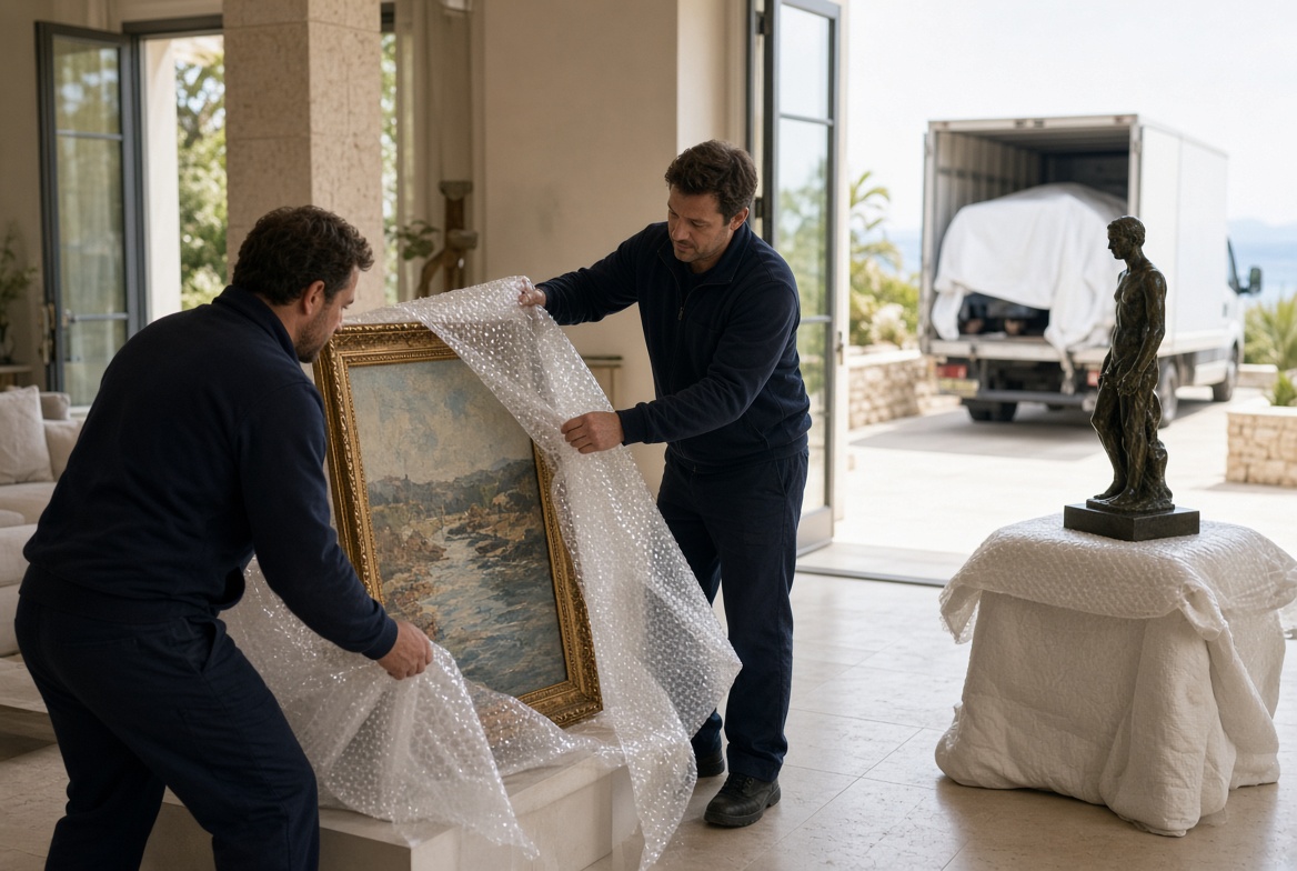 Transport d’œuvres d’art TRANS BOK : emballage d’un tableau et d’une sculpture dans une villa de la Côte d’Azur