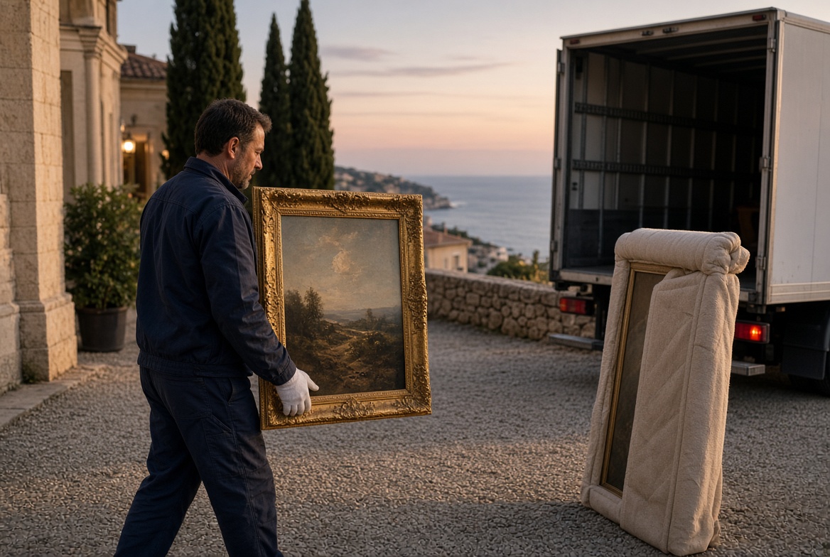 Transport d’œuvre d’art TRANS BOK : tableau porté avec gants vers un véhicule dédié sur la Côte d’Azur